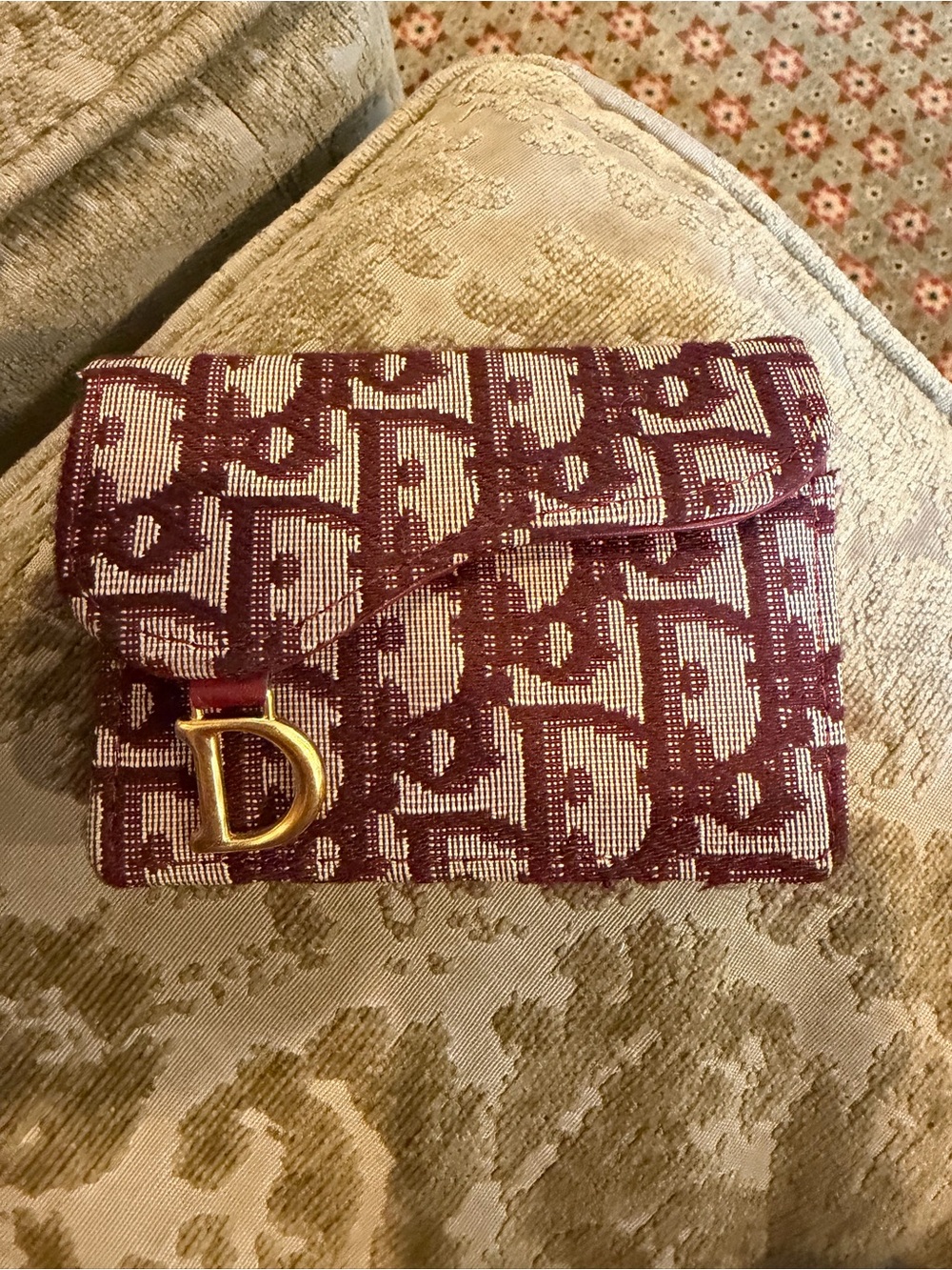 Christian Dior Burgundy Monogram Wallet with Gold 'D' Accent